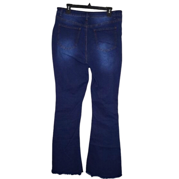 Distressed Stretch Dark Wash Flare Jeans Long Length Plus Size XXL - Picture 3 of 7